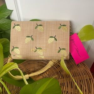 Betsey Johnson Straw Crossbody with Yellow Lemon Embroidery